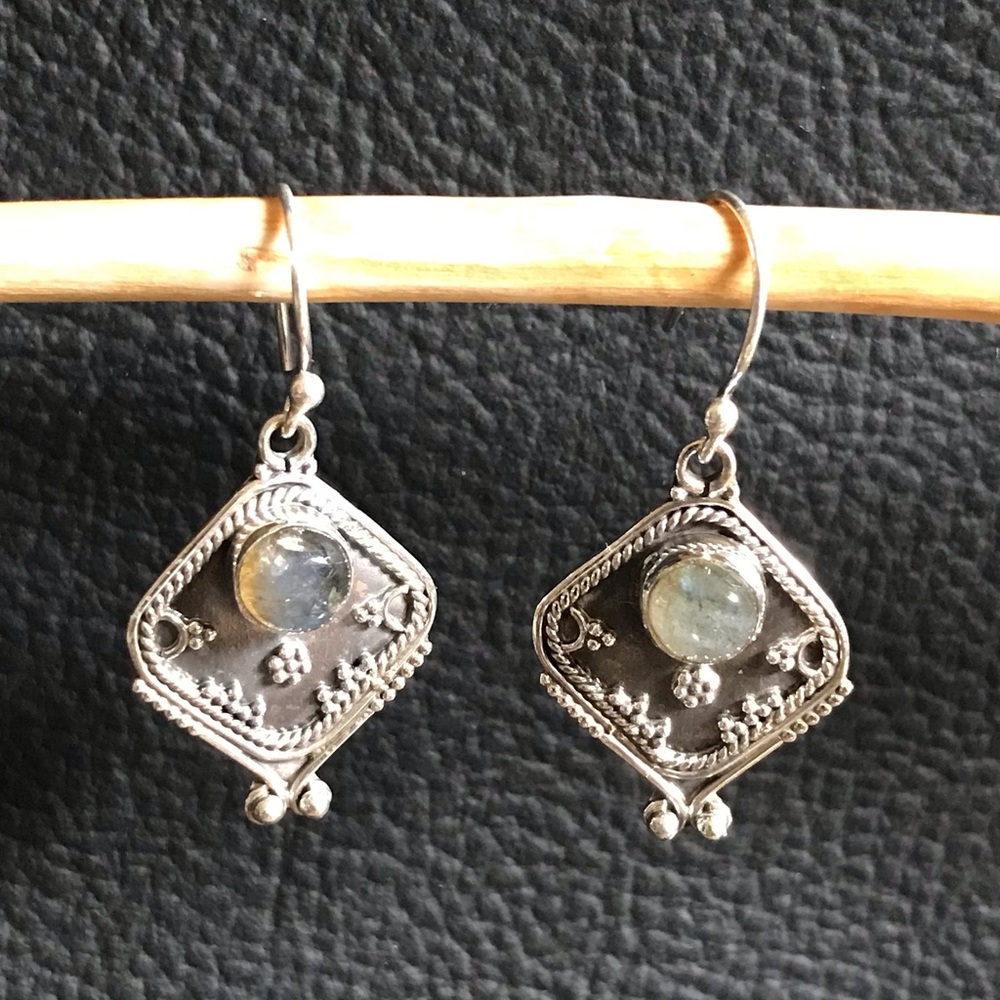NWOT LABRADORITE Round Genuine GEMSTONE 925 Sterling Silver Dangling EAR…